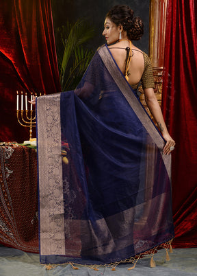 Navy Blue Organza Saree With Blouse Piece