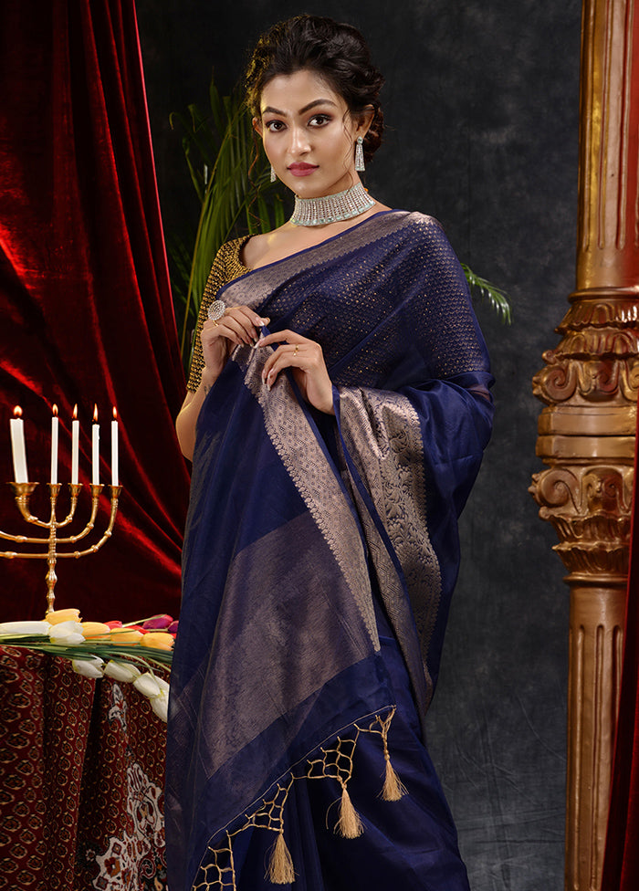 Navy Blue Organza Saree With Blouse Piece