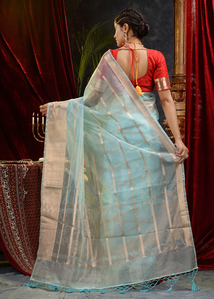 Blue Organza Saree With Blouse Piece