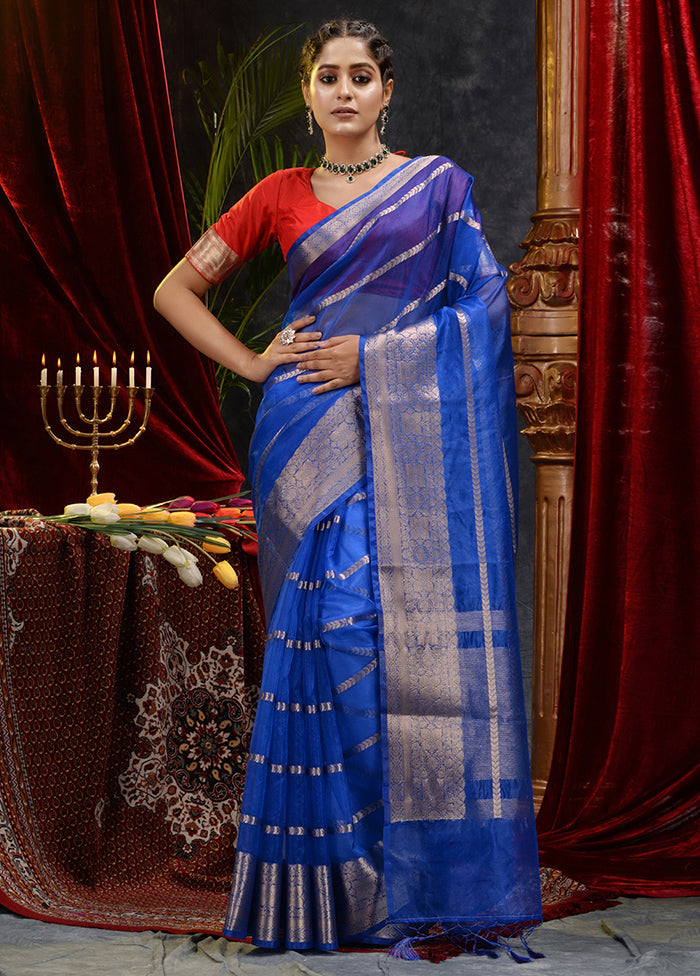 Blue Organza Saree With Blouse Piece