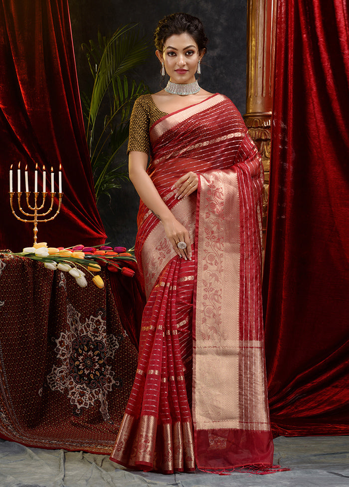 Maroon Organza Saree With Blouse Piece