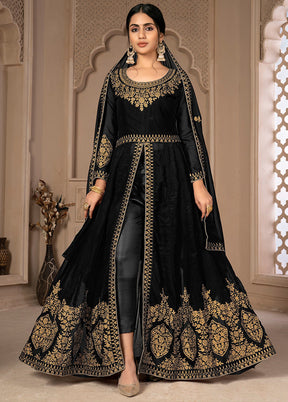 3 Pc Black Unstitched Georgett Suit Set With Dupatta