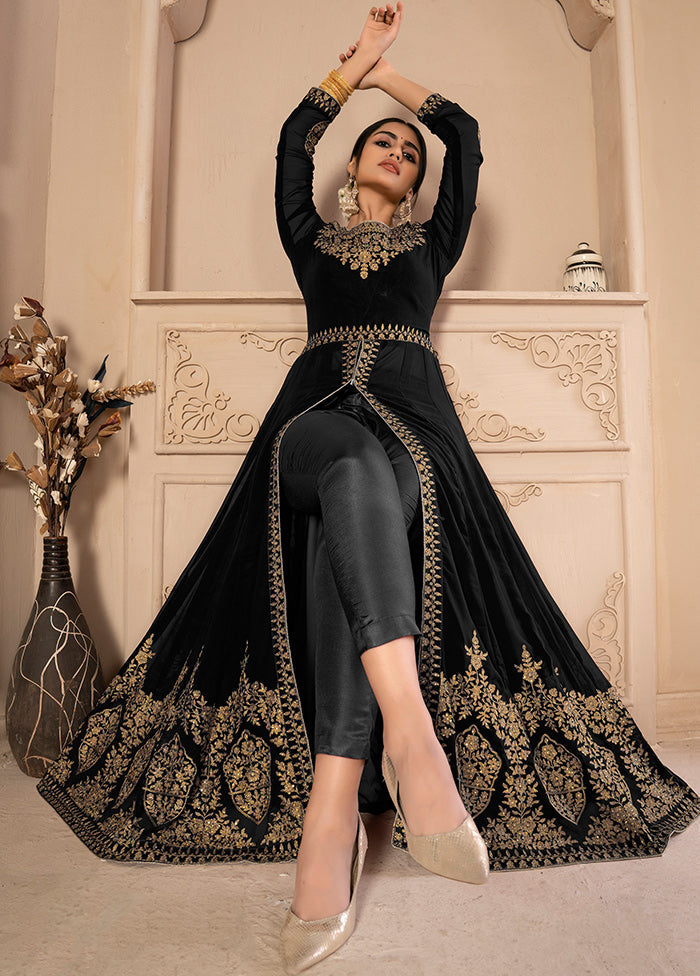 3 Pc Black Unstitched Georgett Suit Set With Dupatta