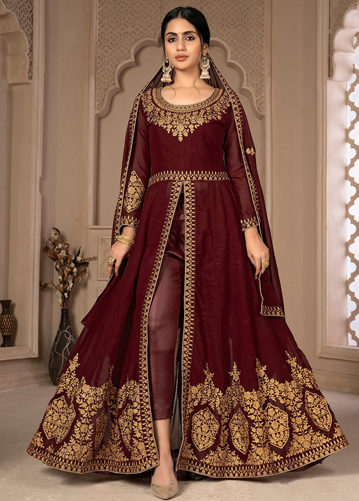 3 Pc Maroon Unstitched Georgett Suit Set With Dupatta