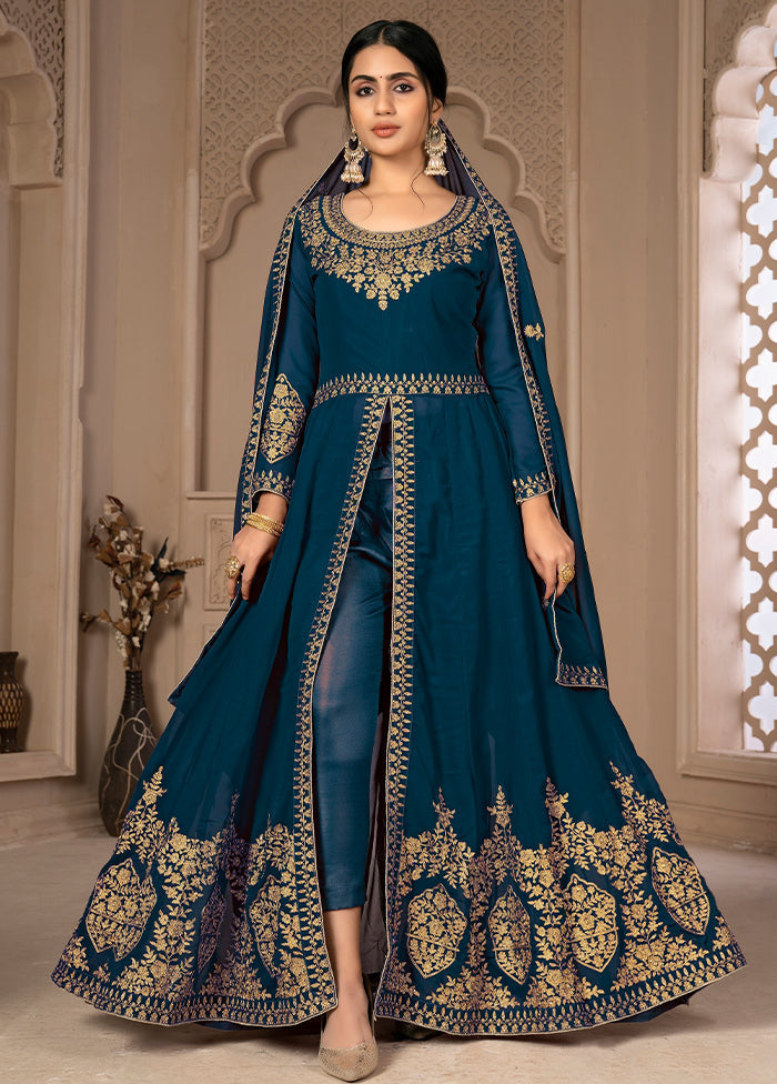 3 Pc Turquoise Unstitched Georgett Suit Set With Dupatta