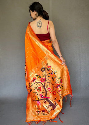 Orange Zari Woven Spun Silk Saree With Blouse