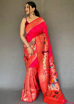 Pink Zari Woven Spun Silk Saree With Blouse