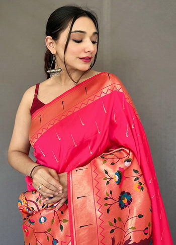 Pink Zari Woven Spun Silk Saree With Blouse