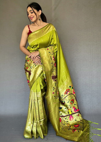 Pista Green Zari Woven Spun Silk Saree With Blouse