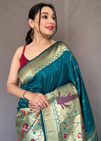 Rama Zari Woven Spun Silk Saree With Blouse