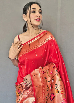 Red Zari Woven Spun Silk Saree With Blouse