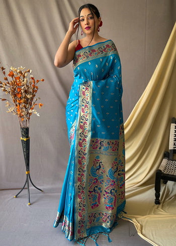 Firozi Zari Woven Spun Silk Saree With Blouse