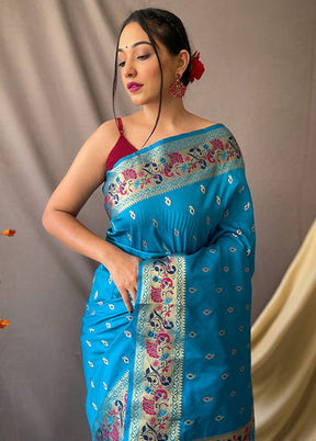 Firozi Zari Woven Spun Silk Saree With Blouse