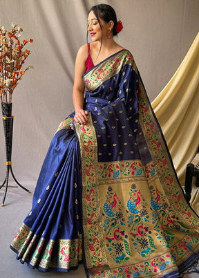 Navy Blue Zari Woven Spun Silk Saree With Blouse