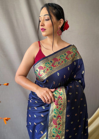 Navy Blue Zari Woven Spun Silk Saree With Blouse