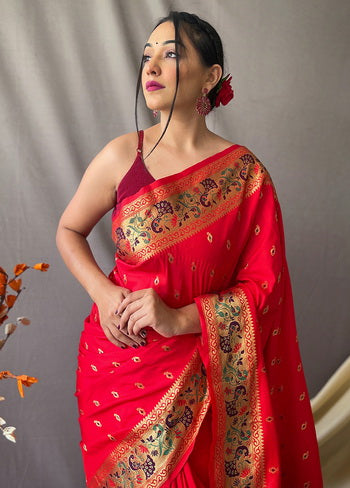 Red Zari Woven Spun Silk Saree With Blouse