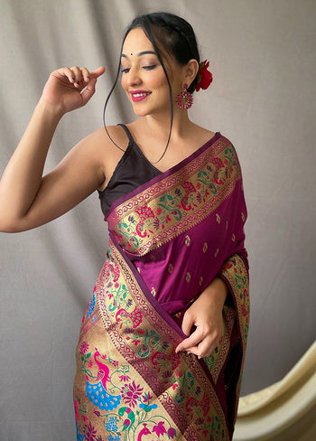 Wine Zari Woven Spun Silk Saree With Blouse