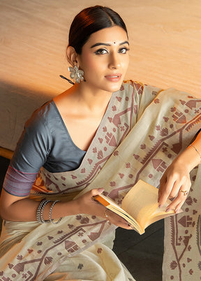 Grey Pure Cotton Saree With Blouse Piece