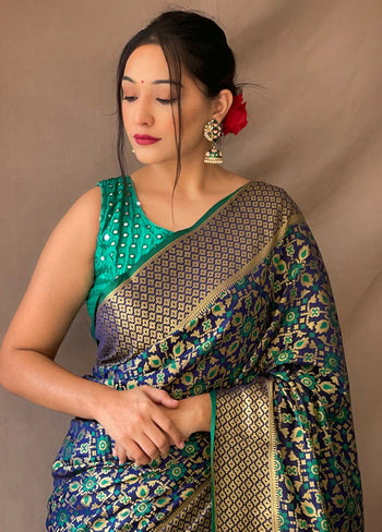 Navy Blue Zari Woven Spun Silk Saree With Blouse