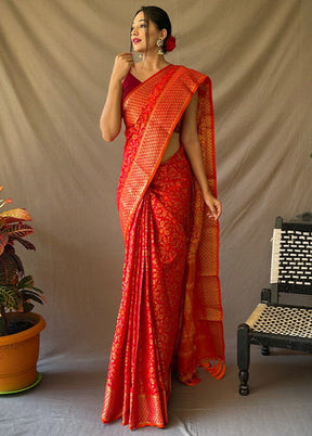 Red Zari Woven Spun Silk Saree With Blouse