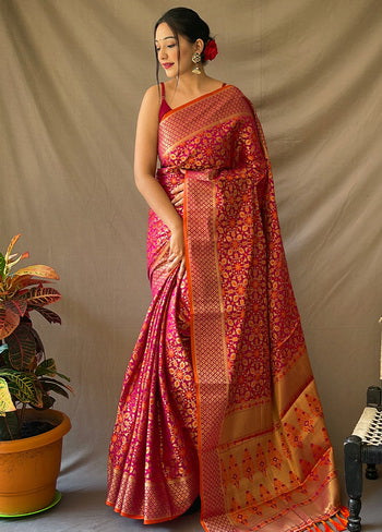 Wine Zari Woven Spun Silk Saree With Blouse