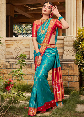 Turquoise Cotton Saree With Blouse Piece