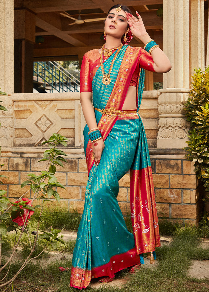 Turquoise Cotton Saree With Blouse Piece