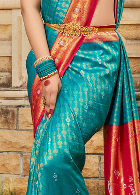 Turquoise Cotton Saree With Blouse Piece