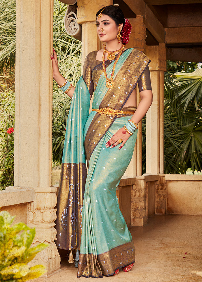 Sky Blue Kanjivaram Silk Saree With Blouse Piece