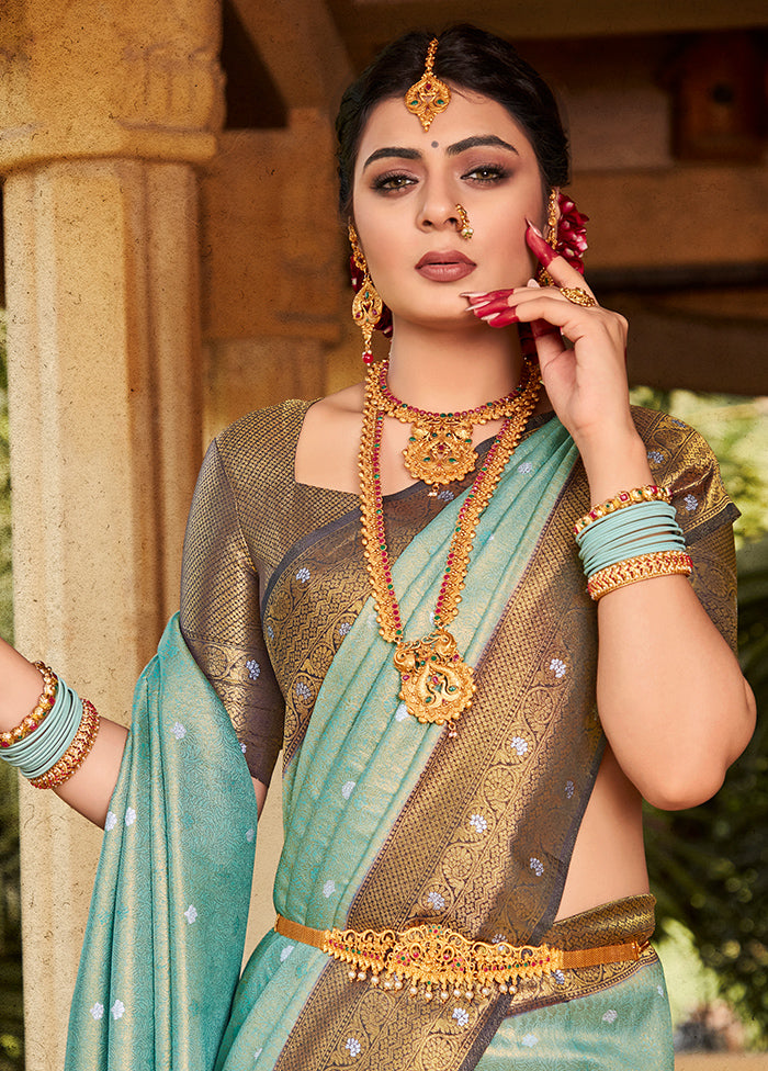 Sky Blue Kanjivaram Silk Saree With Blouse Piece