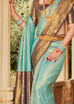 Sky Blue Kanjivaram Silk Saree With Blouse Piece