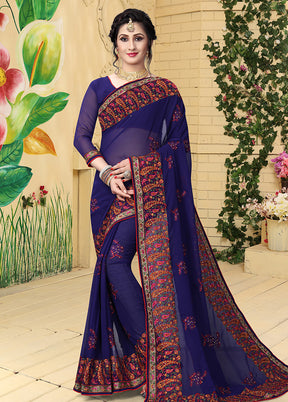 Dark Blue Georgette Saree With Blouse Piece