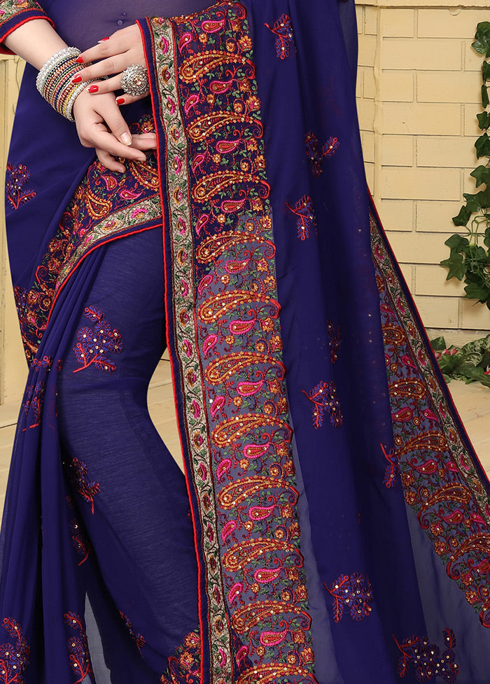 Dark Blue Georgette Saree With Blouse Piece