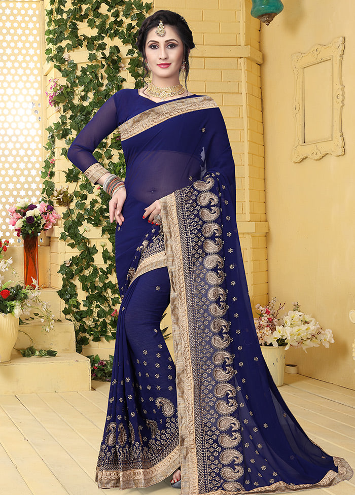 Dark Blue Georgette Saree With Blouse Piece