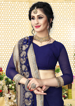 Dark Blue Georgette Saree With Blouse Piece