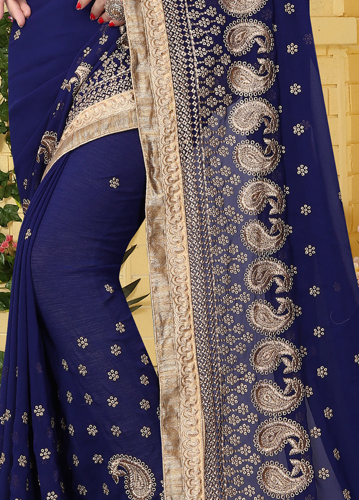 Dark Blue Georgette Saree With Blouse Piece