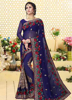 Dark Blue Georgette Saree With Blouse Piece