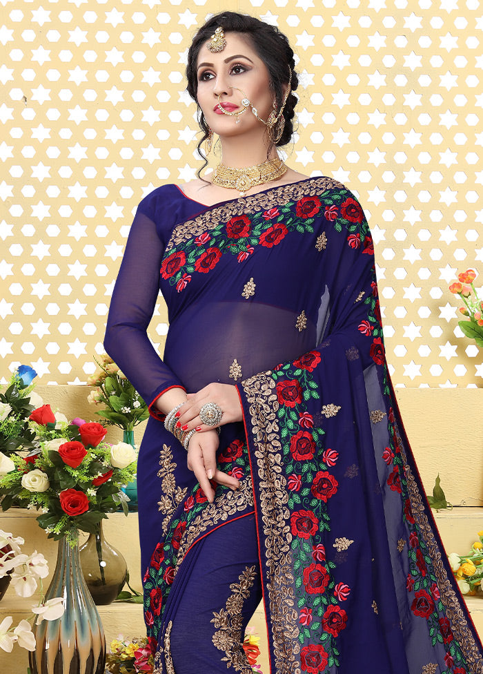 Dark Blue Georgette Saree With Blouse Piece