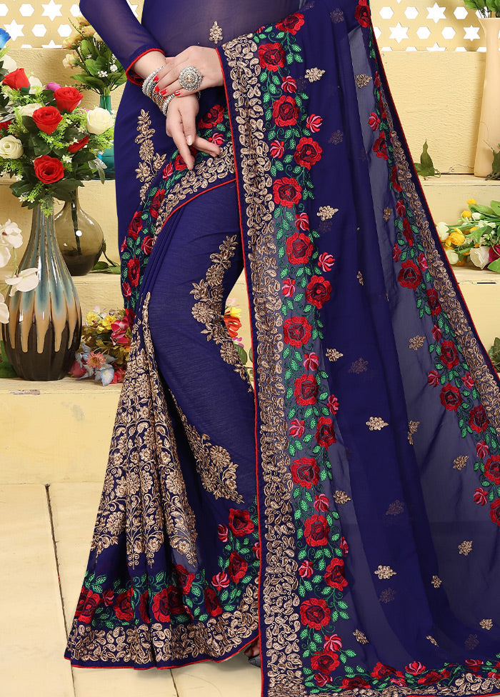 Dark Blue Georgette Saree With Blouse Piece