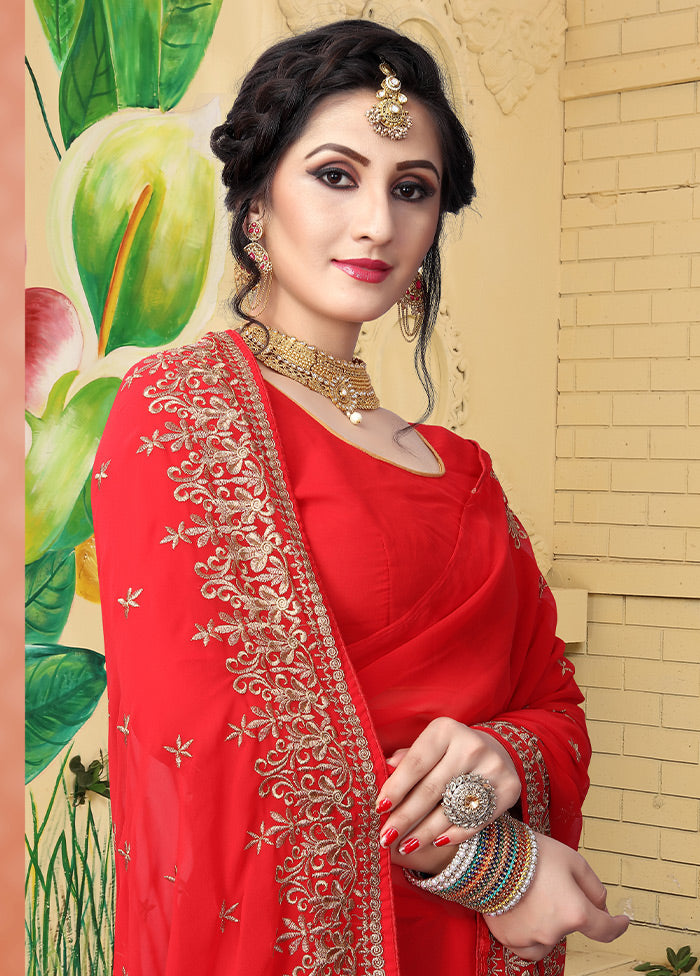 Red Georgette Saree With Blouse Piece