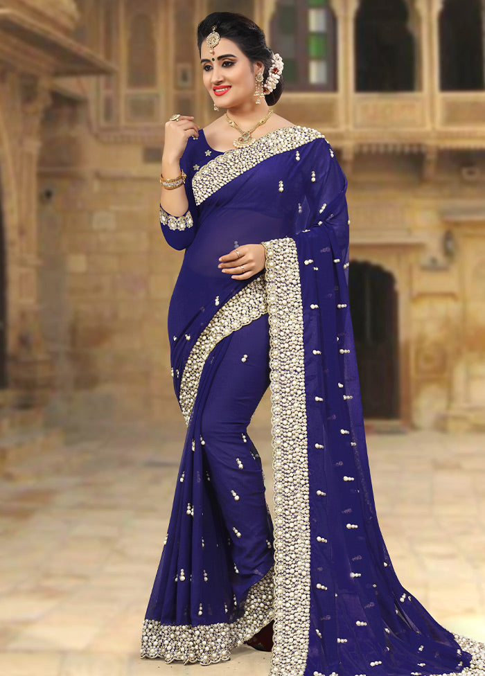 Navy Blue Georgette Saree With Blouse Piece