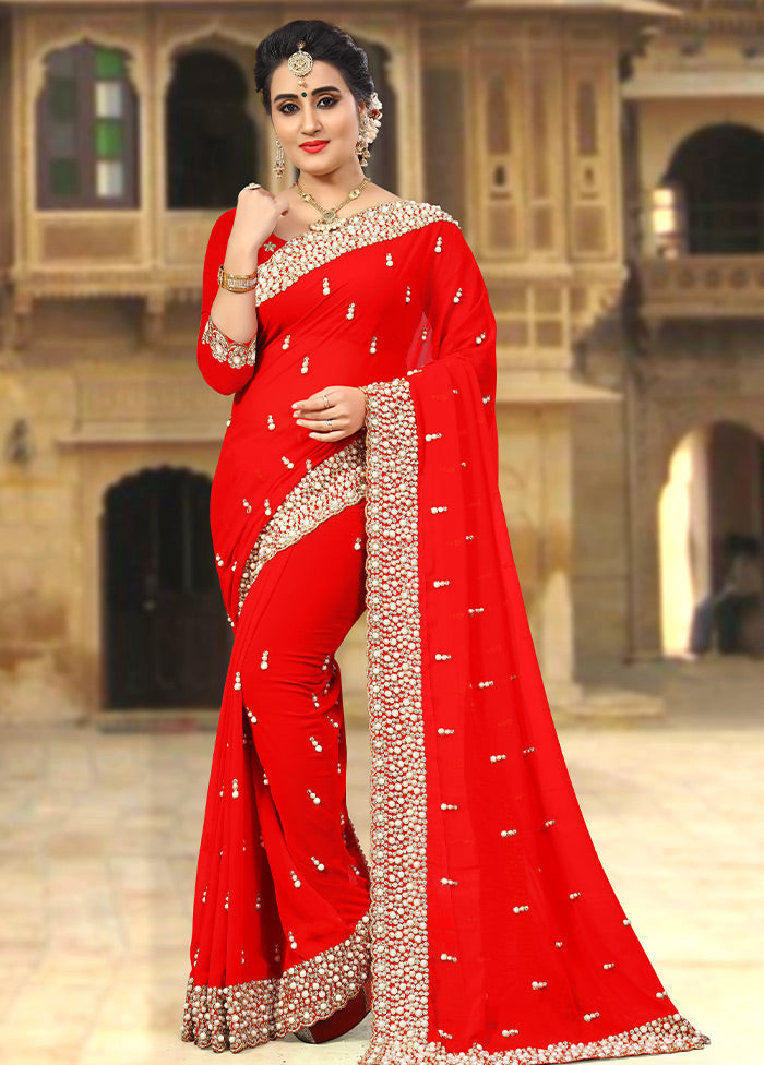 Red Georgette Saree With Blouse Piece