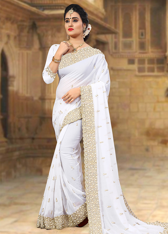 White Georgette Saree With Blouse Piece