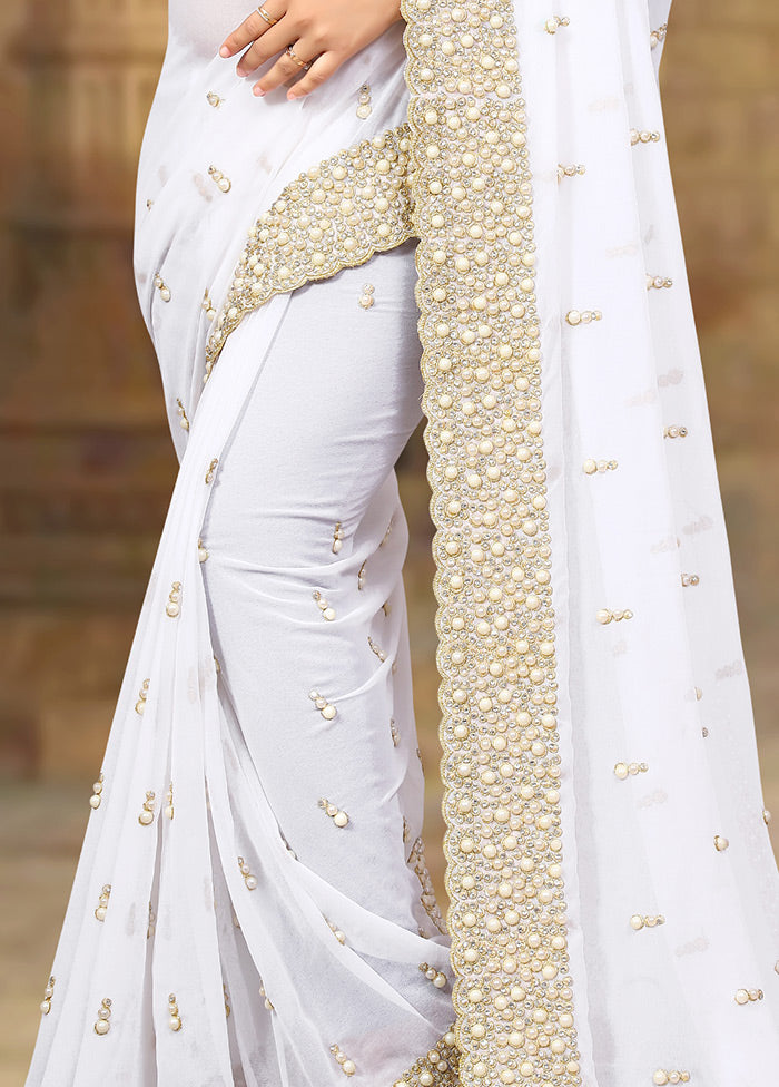 White Georgette Saree With Blouse Piece