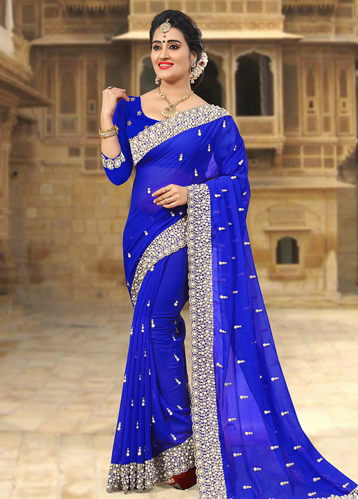 Royal Blue Georgette Saree With Blouse Piece