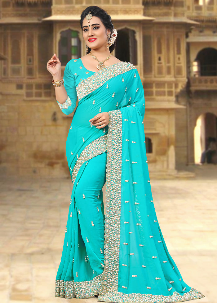 Turquoise Blue Georgette Saree With Blouse Piece