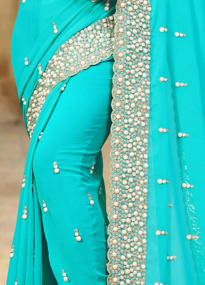 Turquoise Blue Georgette Saree With Blouse Piece