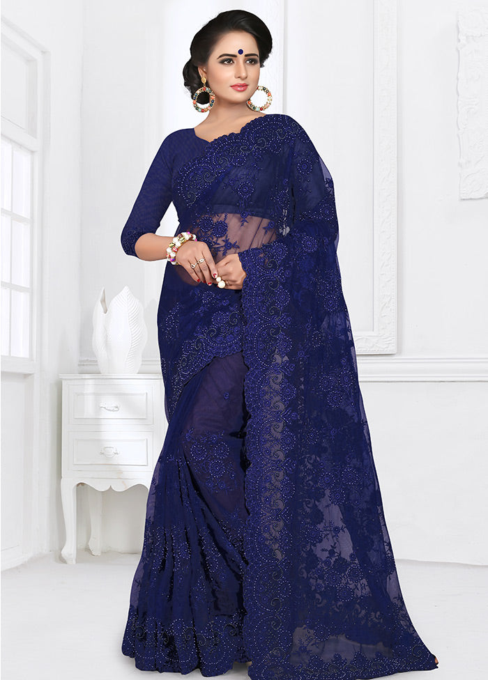 Navy Blue Organza Saree With Blouse Piece