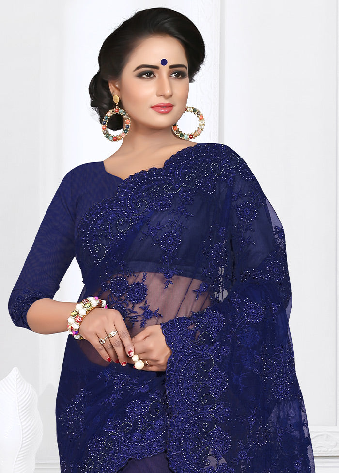 Navy Blue Organza Saree With Blouse Piece