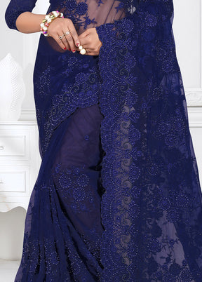 Navy Blue Organza Saree With Blouse Piece